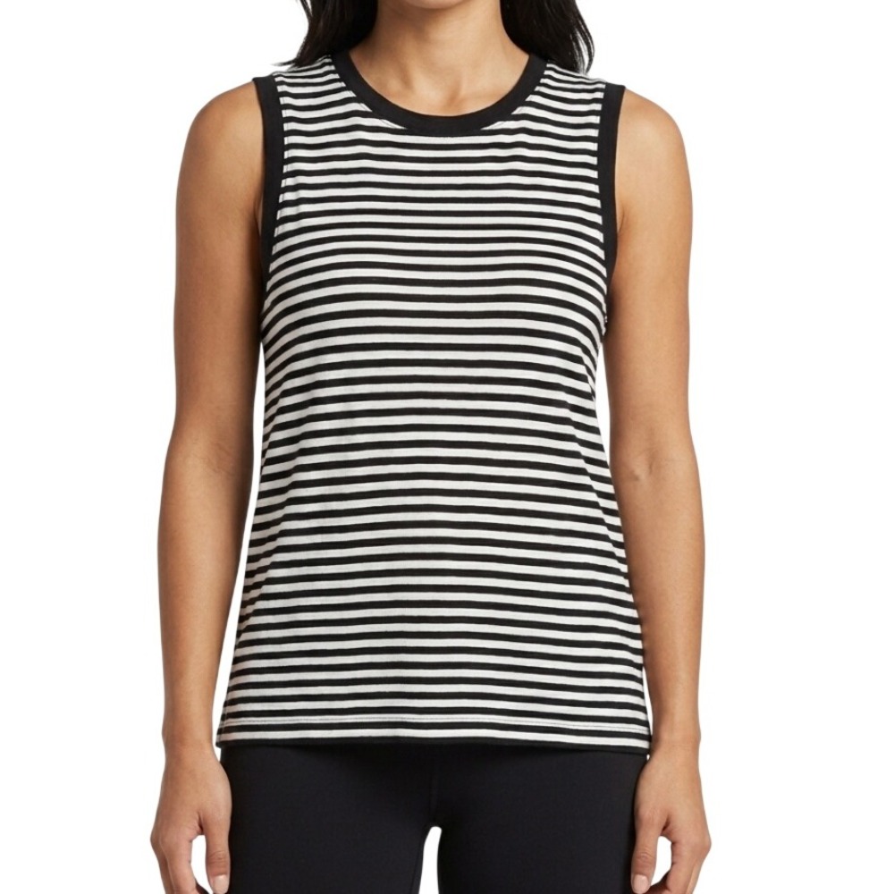 Calia Tank Top Women M Striped Sleeveless Relaxed High Crew Neck Slate White 90s